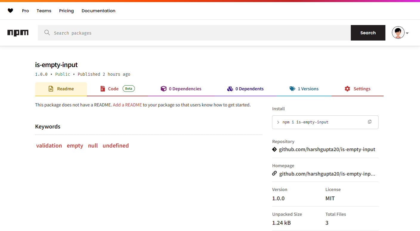 npm package published on npm repository
